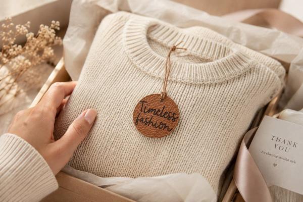 Round brown apple fauxleather tag reading "Timeless fashion" on a cream knit sweater.