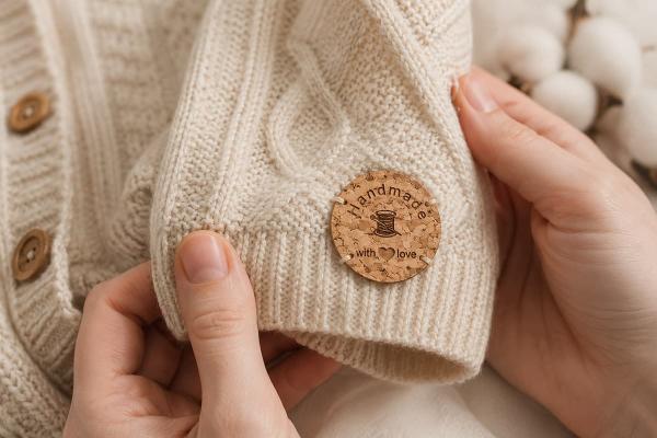 Round cork label reading "Handmade with love" sewn to a cream knitted garment.