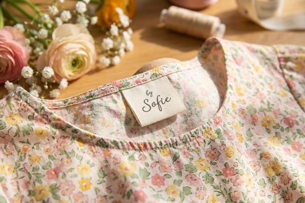 Cream cotton label sewn into a floral dress neckline