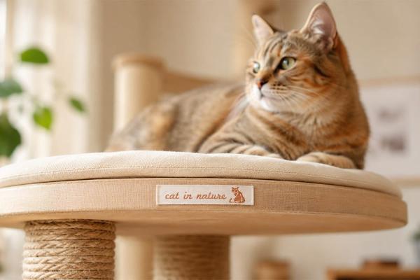 Natural cotton label with brown lettering on cat furniture