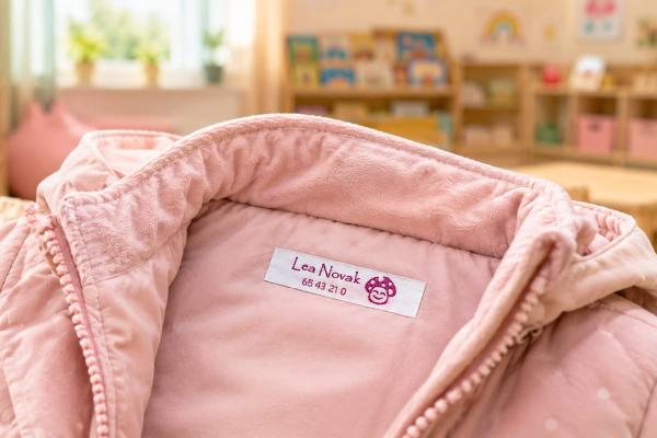 White cotton name label with purple lettering in kids jacket