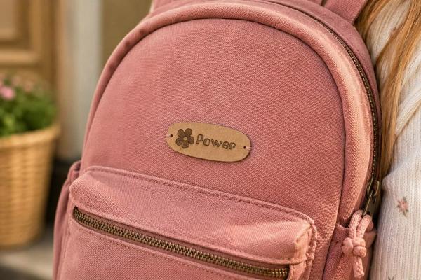 Oval tan paper label with a flower and "Power" text sewn to a pink backpack.