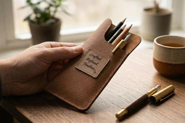 Square tan leather label reading "Crafted, Refined, Timeless" on a brown pen case.