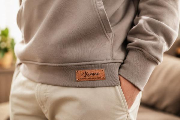 Rectangular brown leather-look label with a custom logo sewn to a gray hoodie hem