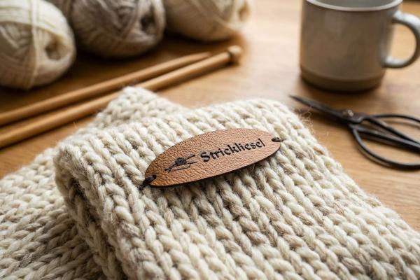 Brown oval leatherette label with engraving on a cream knit piece