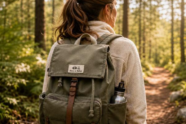 Natural organic cotton label with black print on backpack