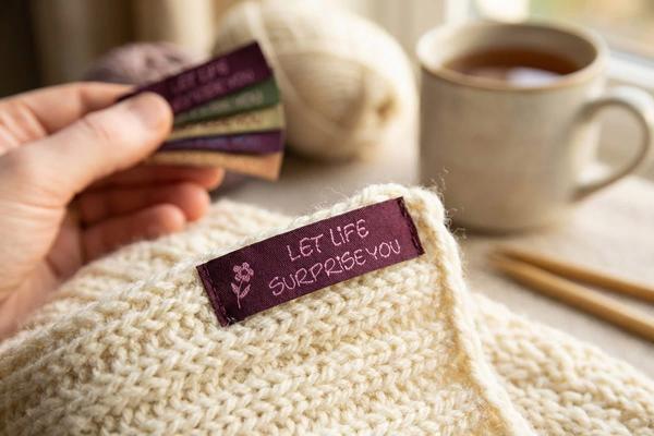 Dark woven label on cream knit fabric with color samples in background